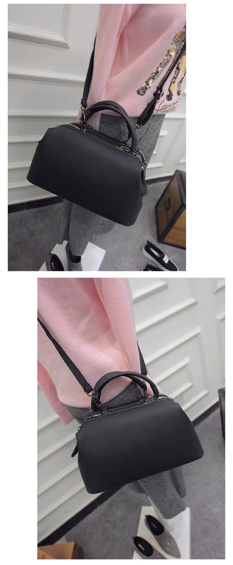 BLACK FAUX LEATHER DOCTOR STYLE HOLDALL HANDBAG