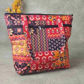 Medium Size Handbag Red with Black Multicolour Design Prints.
