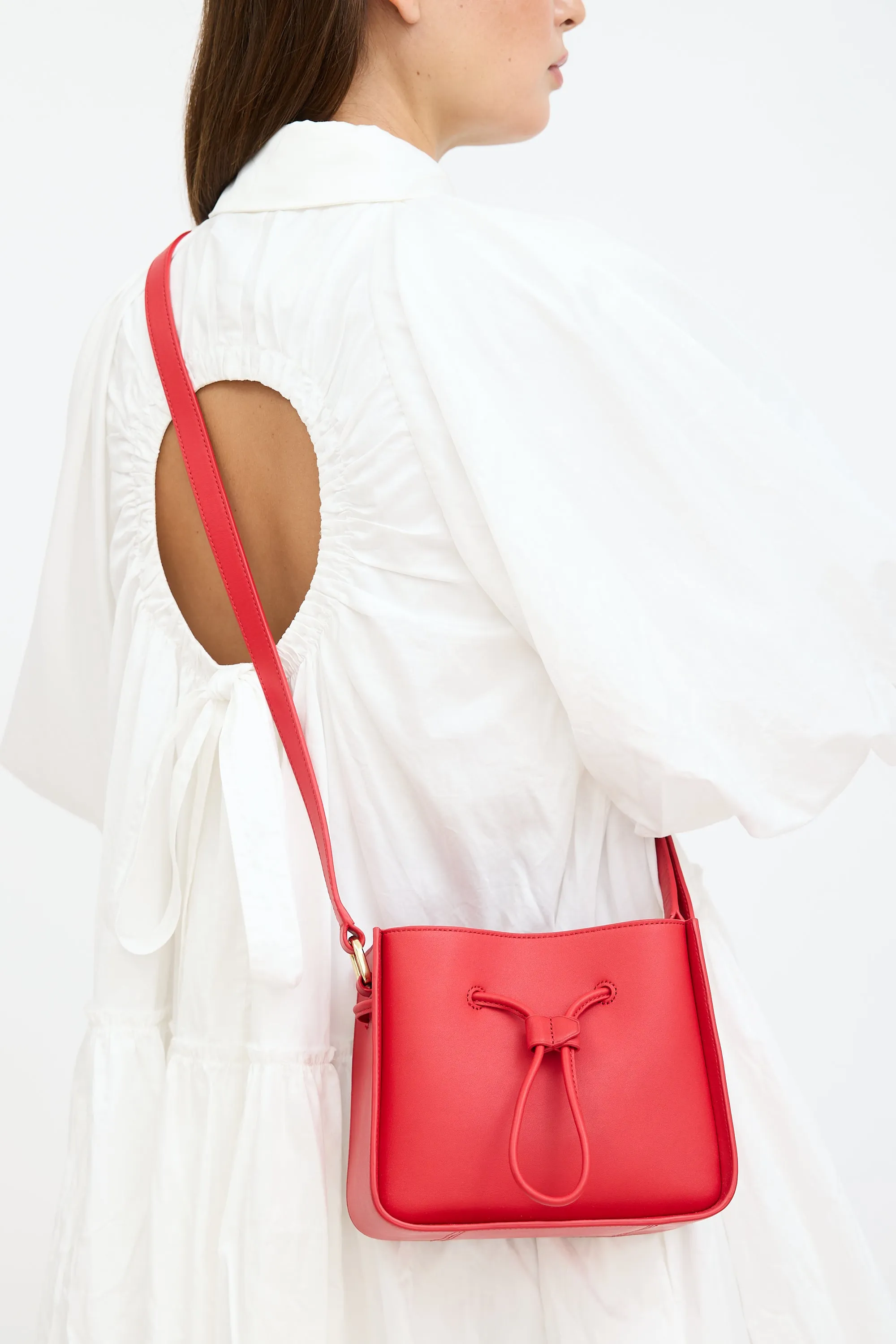 Red Leather Soleil Mini Bucket Crossbody Bag