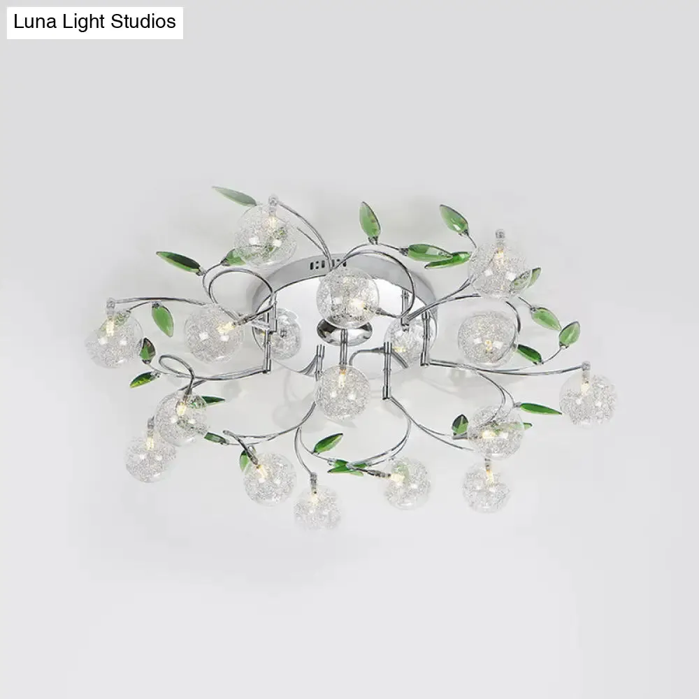 Semi Mount Green Crystal Lighting - Modern Ceiling Flush with 15 Lights, Clear Glass Shade in Chrome