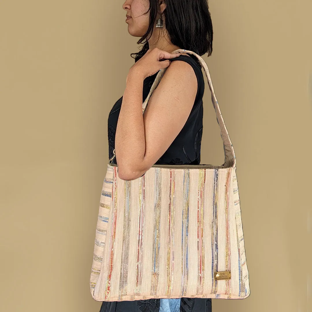 Shimmery Multicolored Striped Upcycled Handwoven Trapeze Tote (TT0924-003) PS_W